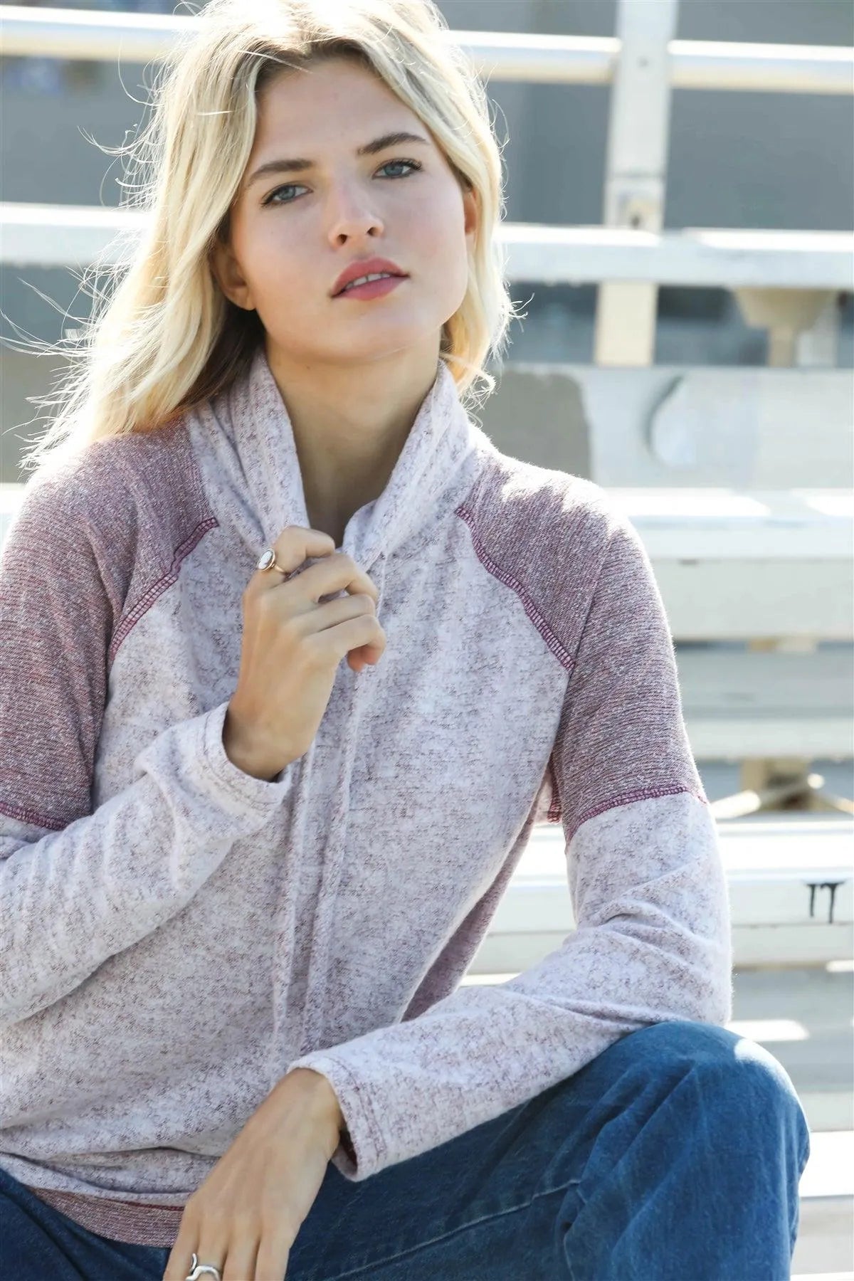 Burgundy Textured Self-Tie Mock Neck Sweatshirt - Tasha Apparel Wholesale