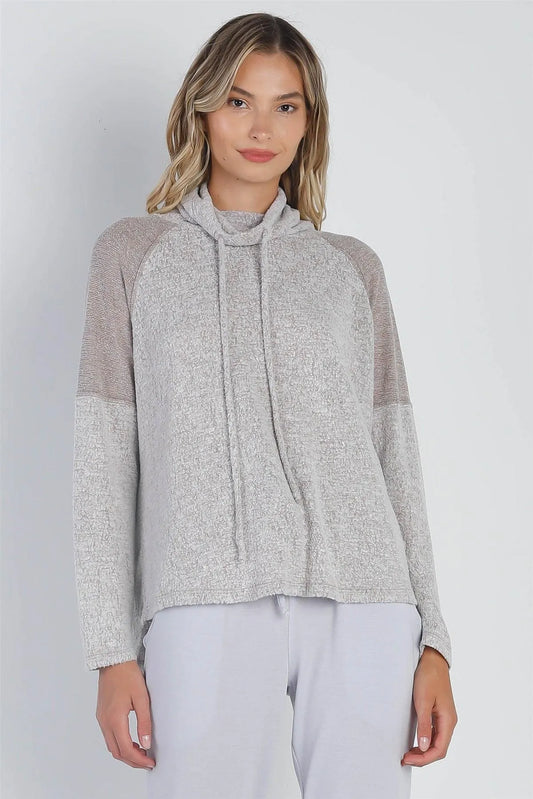 Taupe Textured Self-Tie Mock Neck Long Sleeve Sweater /1-1-1 - Tasha Apparel Wholesale