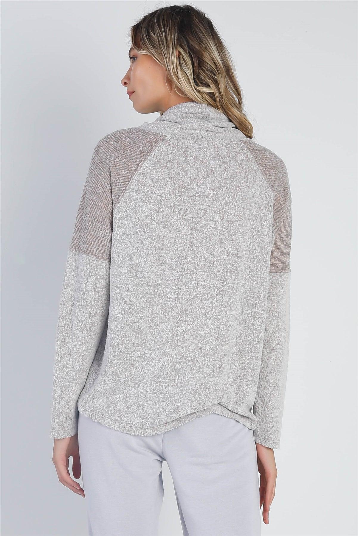 Taupe Textured Self-Tie Mock Neck Long Sleeve Sweater /1-1-1