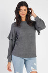 Charcoal Ruffle Shoulder Detail Long Sleeve Top - Tasha Apparel Wholesale