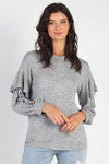 Heather Grey Ruffle Shoulder Detail Long Sleeve Top - Tasha Apparel Wholesale