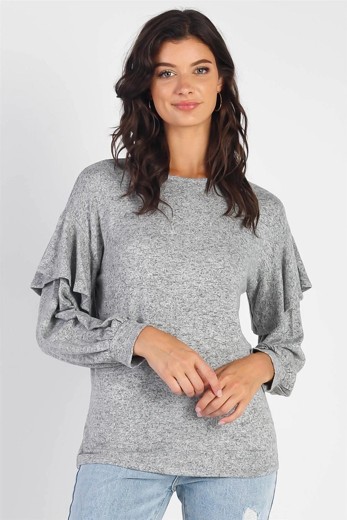 Heather Grey Ruffle Shoulder Detail Long Sleeve Top - Tasha Apparel Wholesale