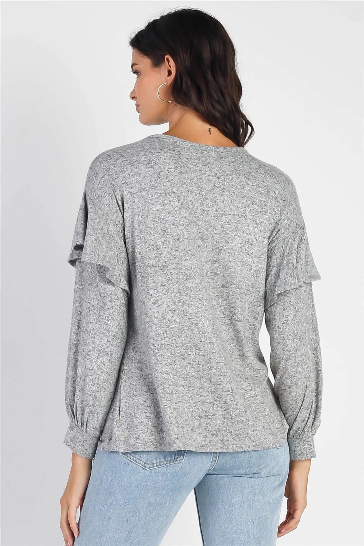 Heather Grey Ruffle Shoulder Detail Long Sleeve Top - Tasha Apparel Wholesale