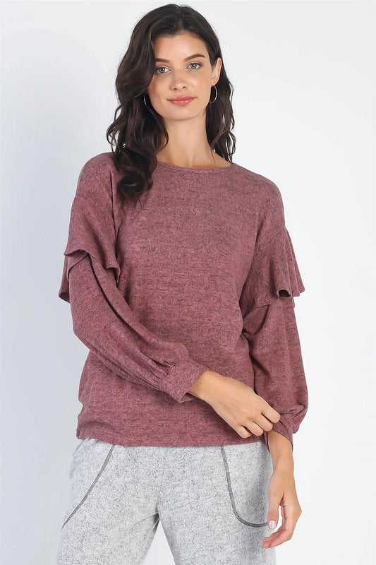 Mauve Ruffle Shoulder Detail Long Sleeve Top - Tasha Apparel Wholesale