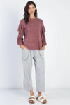 Mauve Ruffle Shoulder Detail Long Sleeve Top - Tasha Apparel Wholesale
