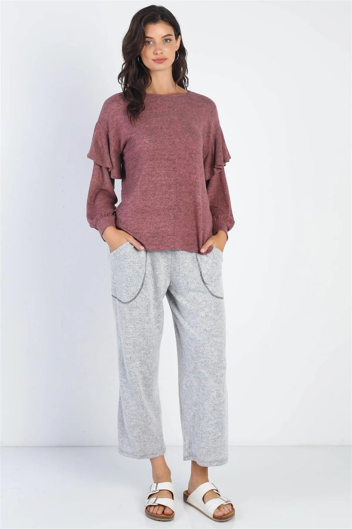 Mauve Ruffle Shoulder Detail Long Sleeve Top - Tasha Apparel Wholesale