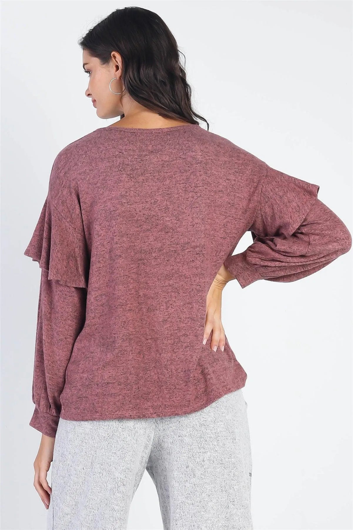 Mauve Ruffle Shoulder Detail Long Sleeve Top - Tasha Apparel Wholesale