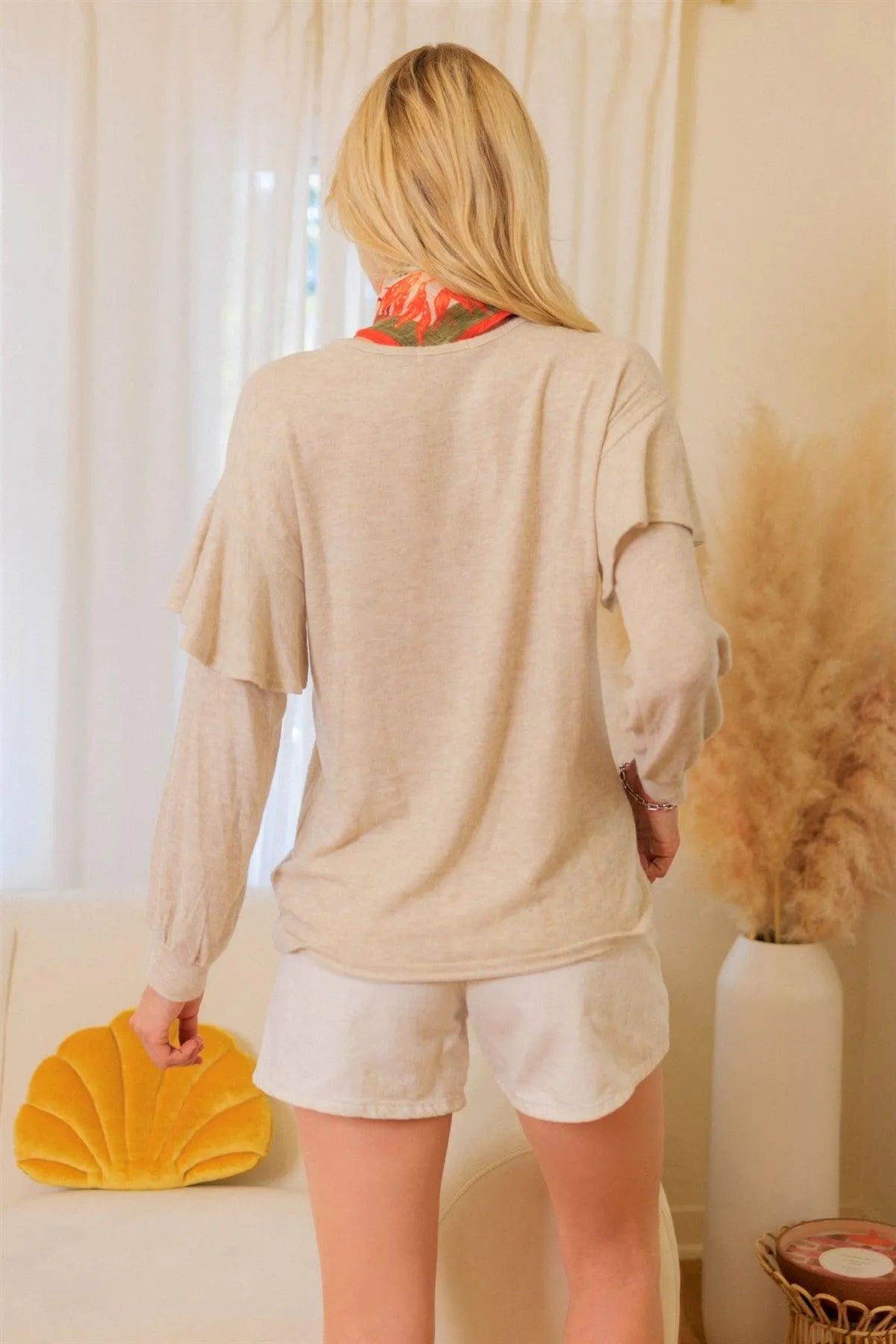 Oatmeal Ruffle Shoulder Detail Long Sleeve Top /1-1-1 - Tasha Apparel Wholesale