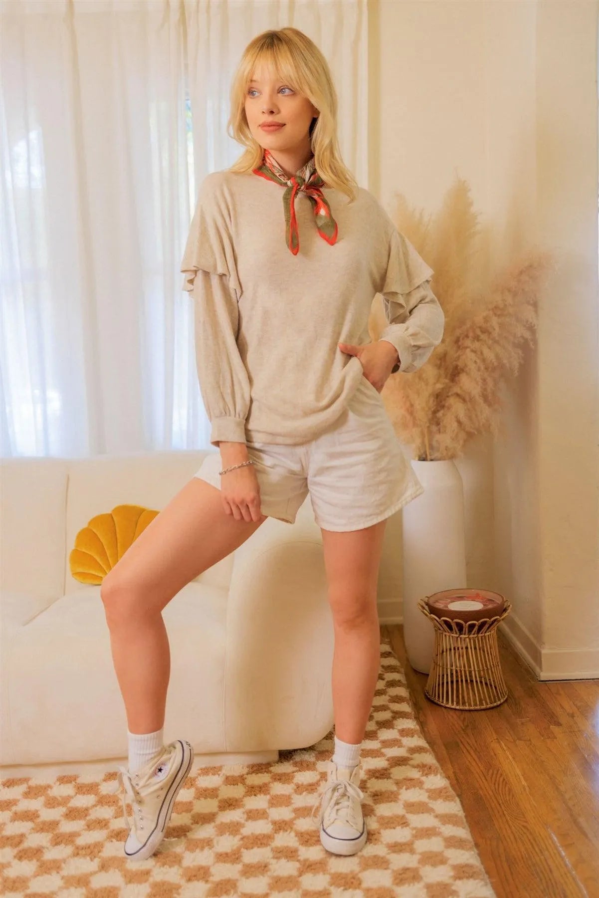 Oatmeal Ruffle Shoulder Detail Long Sleeve Top /1-1-1 - Tasha Apparel Wholesale