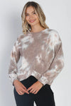 Mocha Tie-Dye Print Round Neck Long Sleeve Hem Detail Top /1-1-1 - Tasha Apparel Wholesale