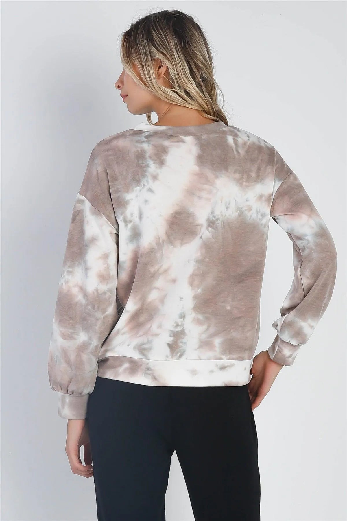 Mocha Tie-Dye Print Round Neck Long Sleeve Hem Detail Top /1-1-1 - Tasha Apparel Wholesale