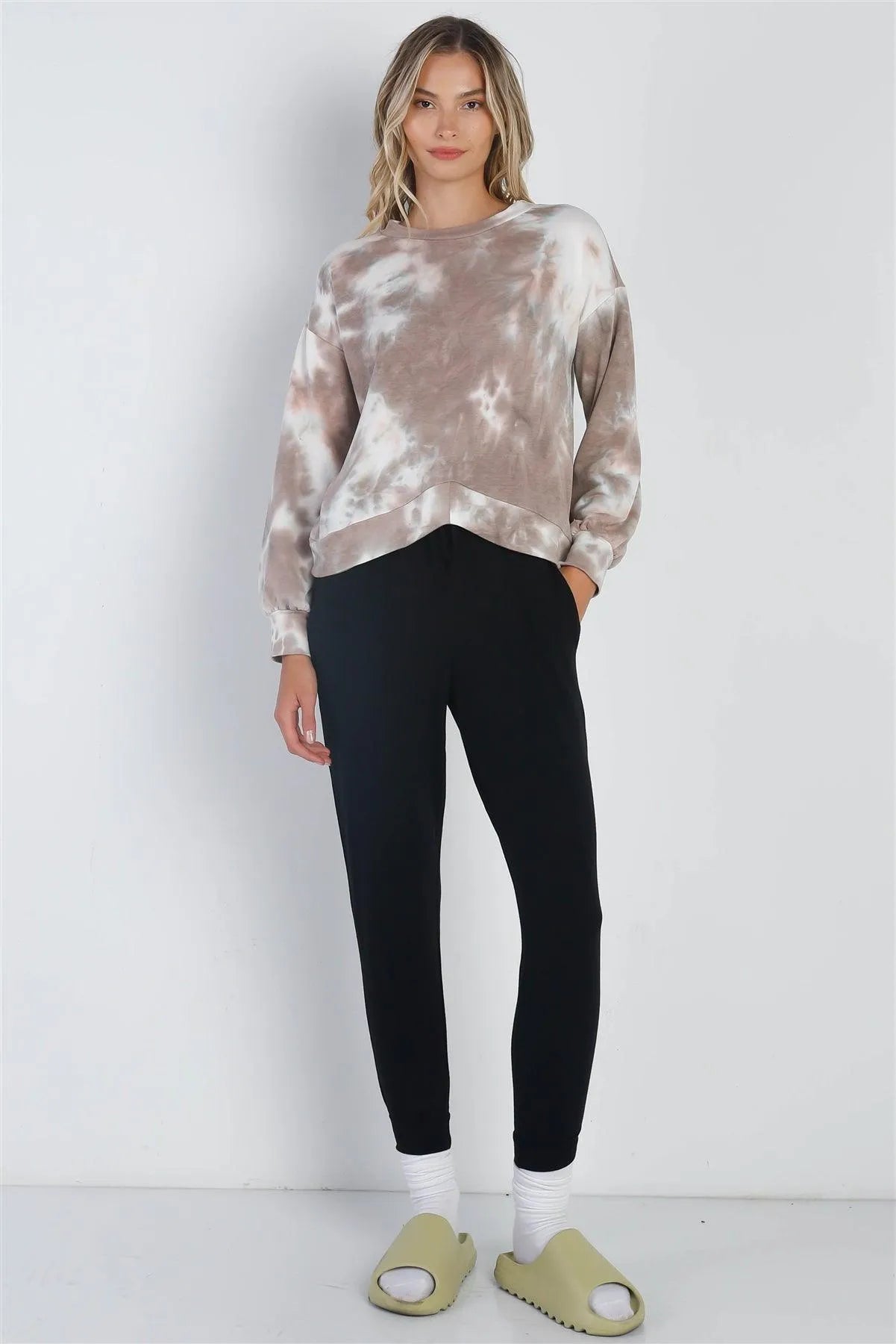 Mocha Tie-Dye Print Round Neck Long Sleeve Hem Detail Top /1-1-1 - Tasha Apparel Wholesale