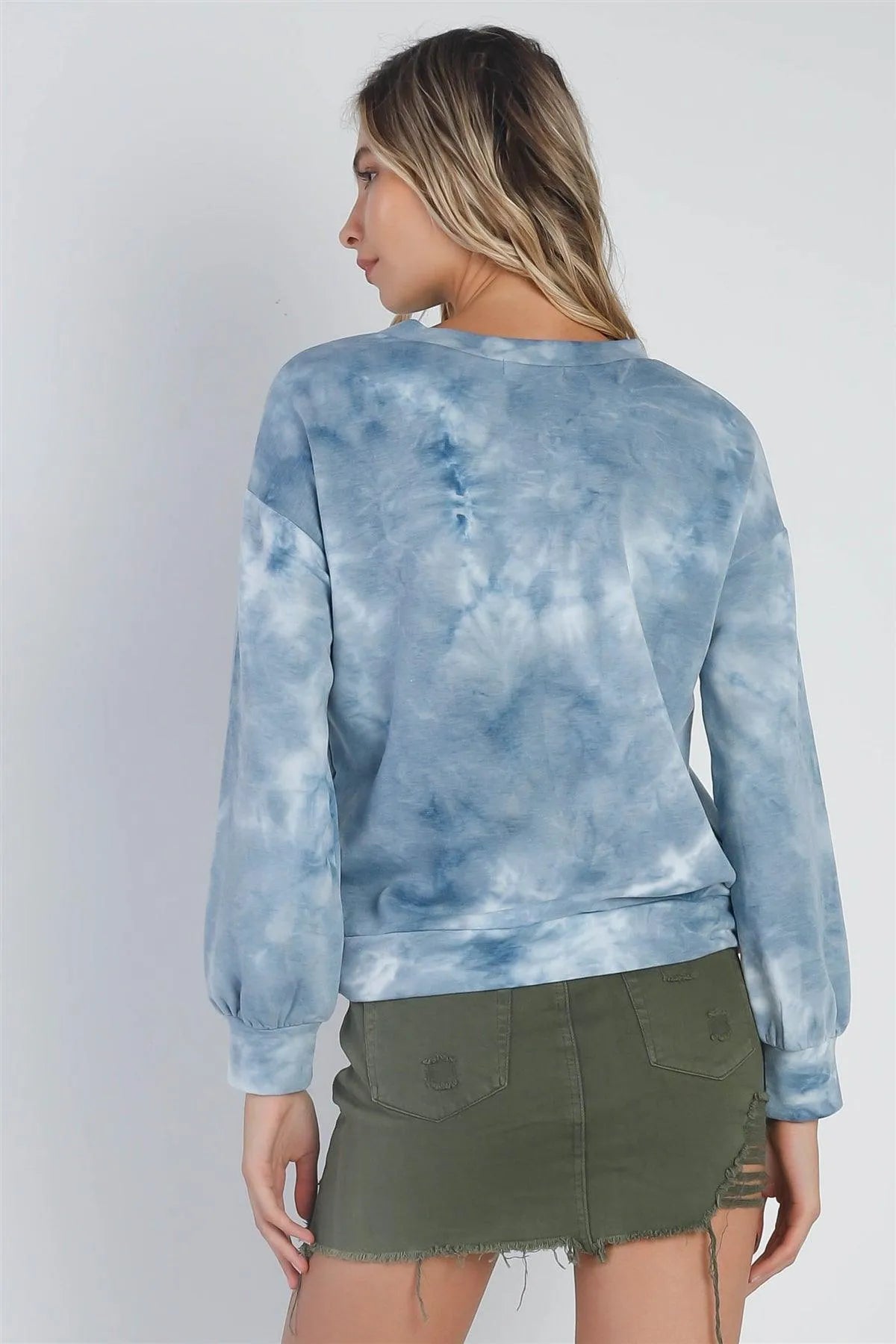 Teal Tie-Dye Print Round Neck Long Sleeve Hem Detail Top /1-1-1 - Tasha Apparel Wholesale