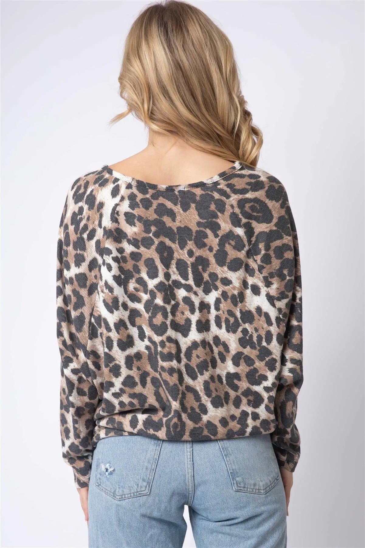 Leopard Print Waffle Knit Dolman Midi Sleeve Top - Tasha Apparel Wholesale