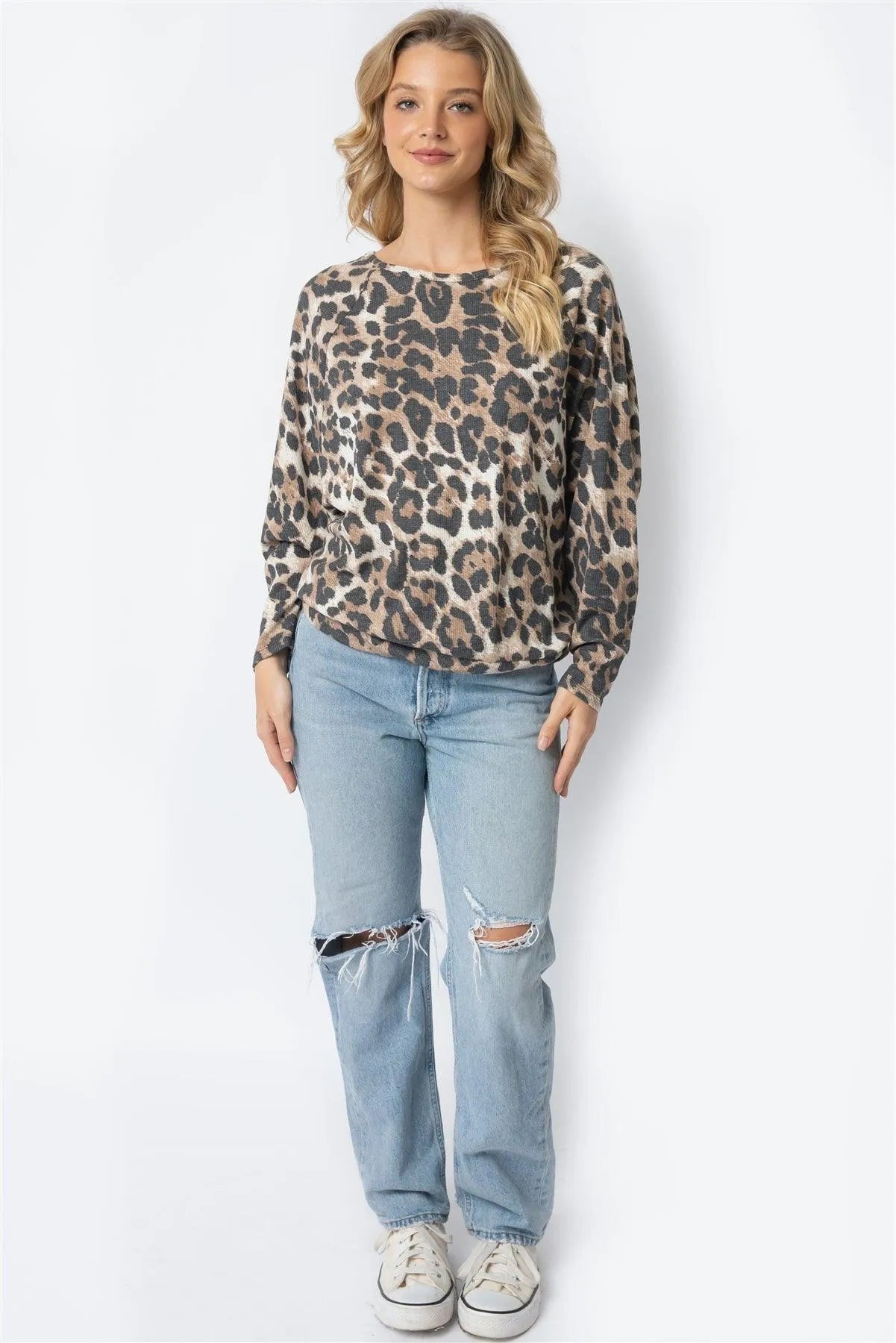 Leopard Print Waffle Knit Dolman Midi Sleeve Top - Tasha Apparel Wholesale