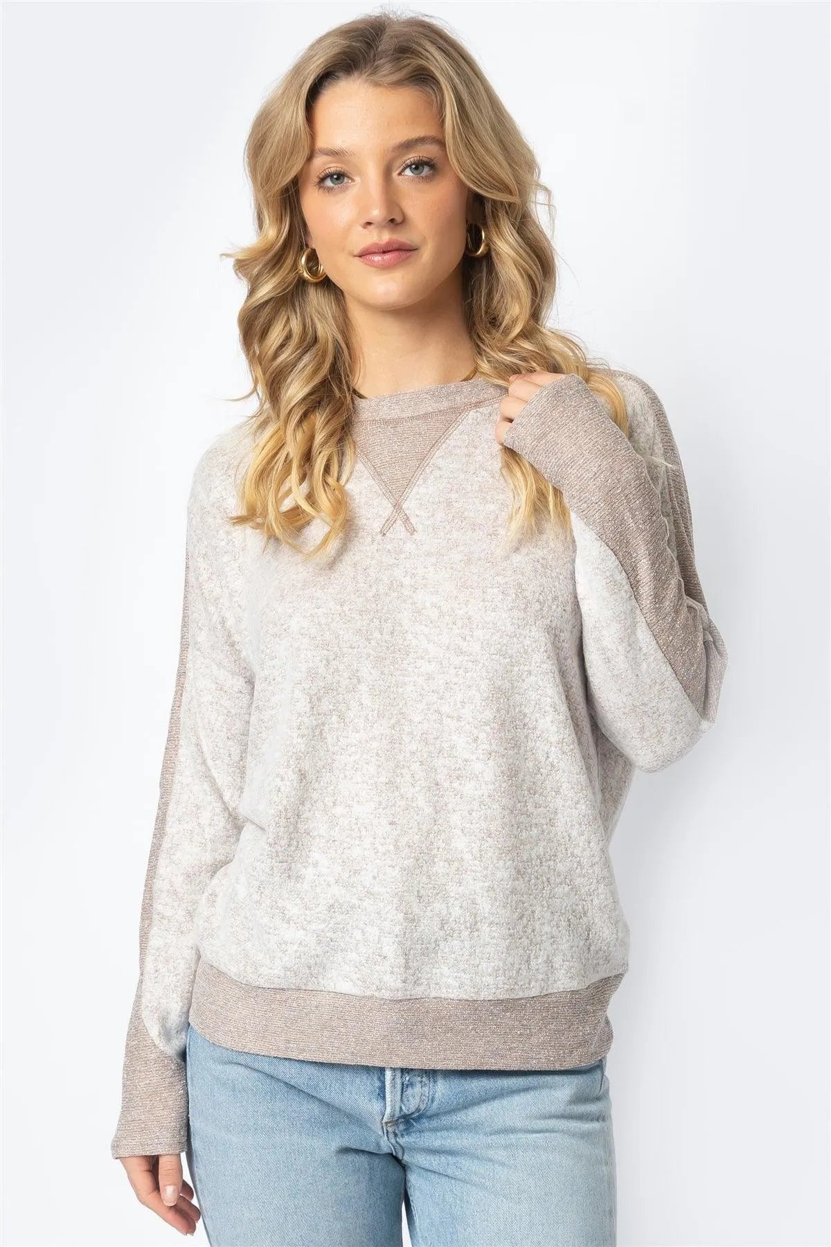 Taupe Long Sleeve Round Neck Top /1-1-1 - Tasha Apparel Wholesale