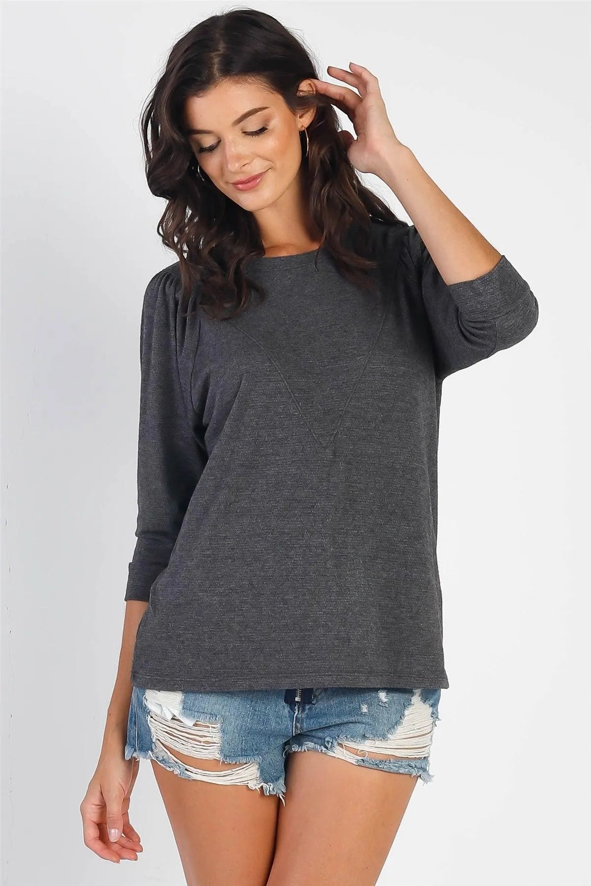 Charcoal Textured Crew Neck Midi Sleeve Knit Top - Tasha Apparel Wholesale