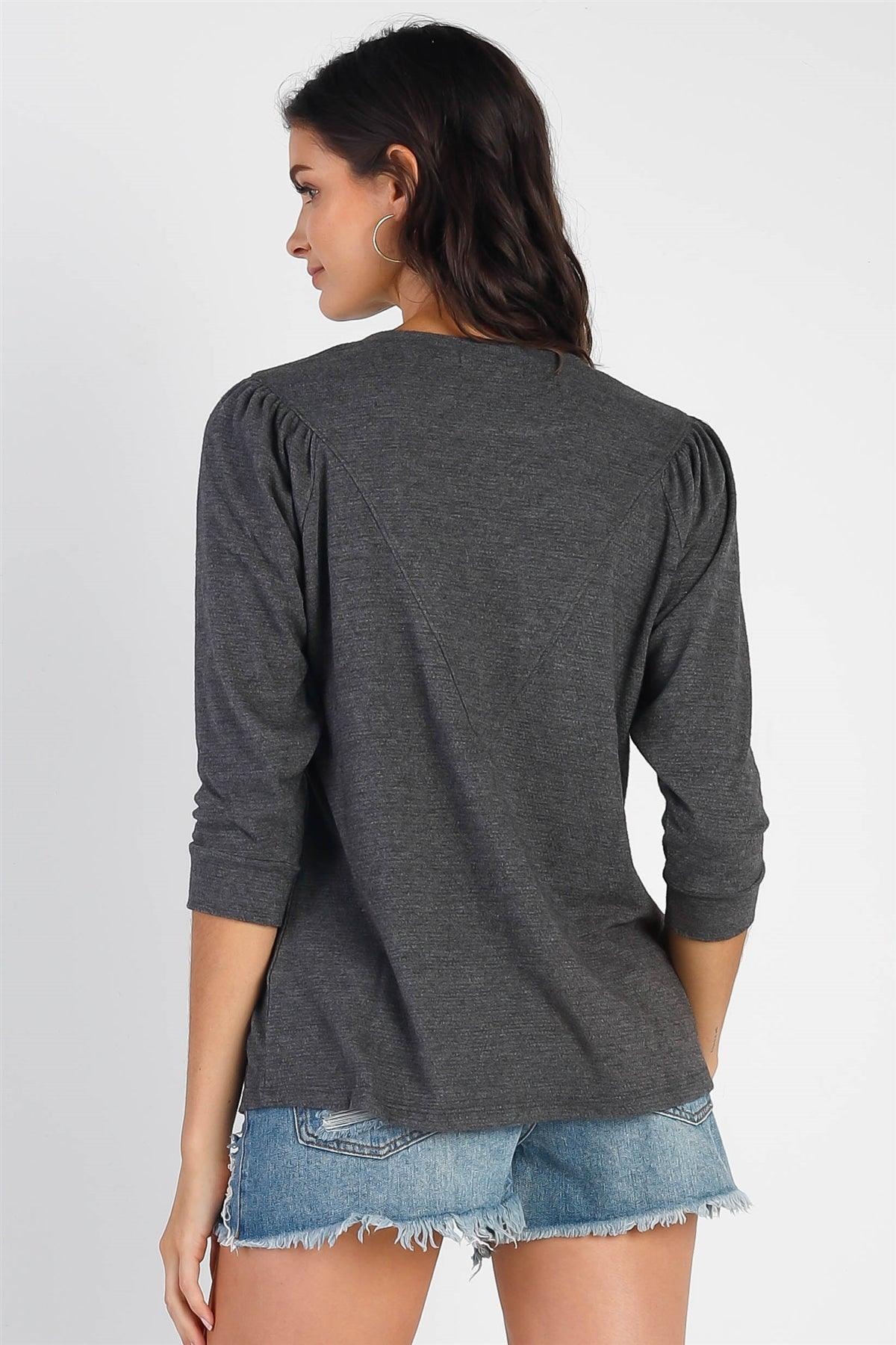 Charcoal Textured Crew Neck Midi Sleeve Sweater /1-1-1
