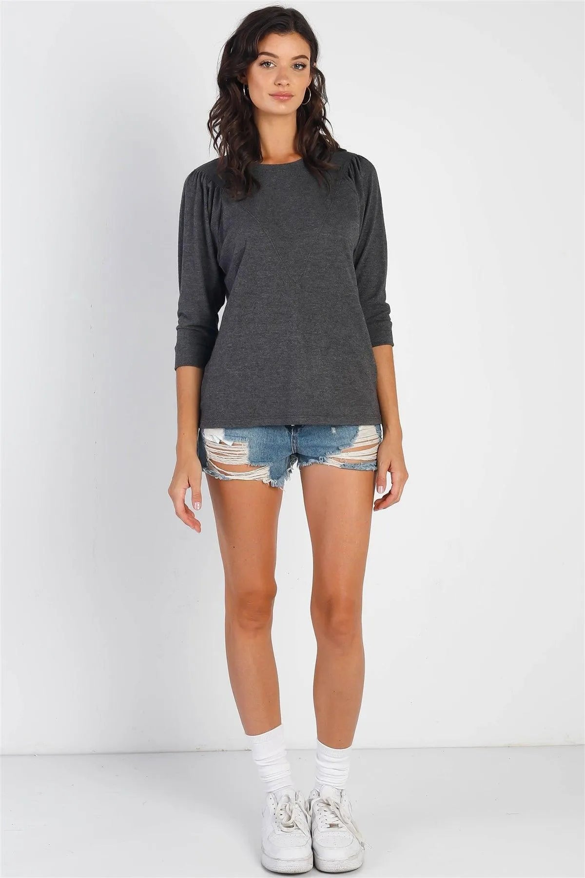 Charcoal Textured Crew Neck Midi Sleeve Knit Top - Tasha Apparel Wholesale