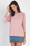 Pink Textured Crew Neck Midi Sleeve Sweater /1-1-1