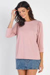 Pink Textured Crew Neck Midi Sleeve Knit Top - Tasha Apparel Wholesale