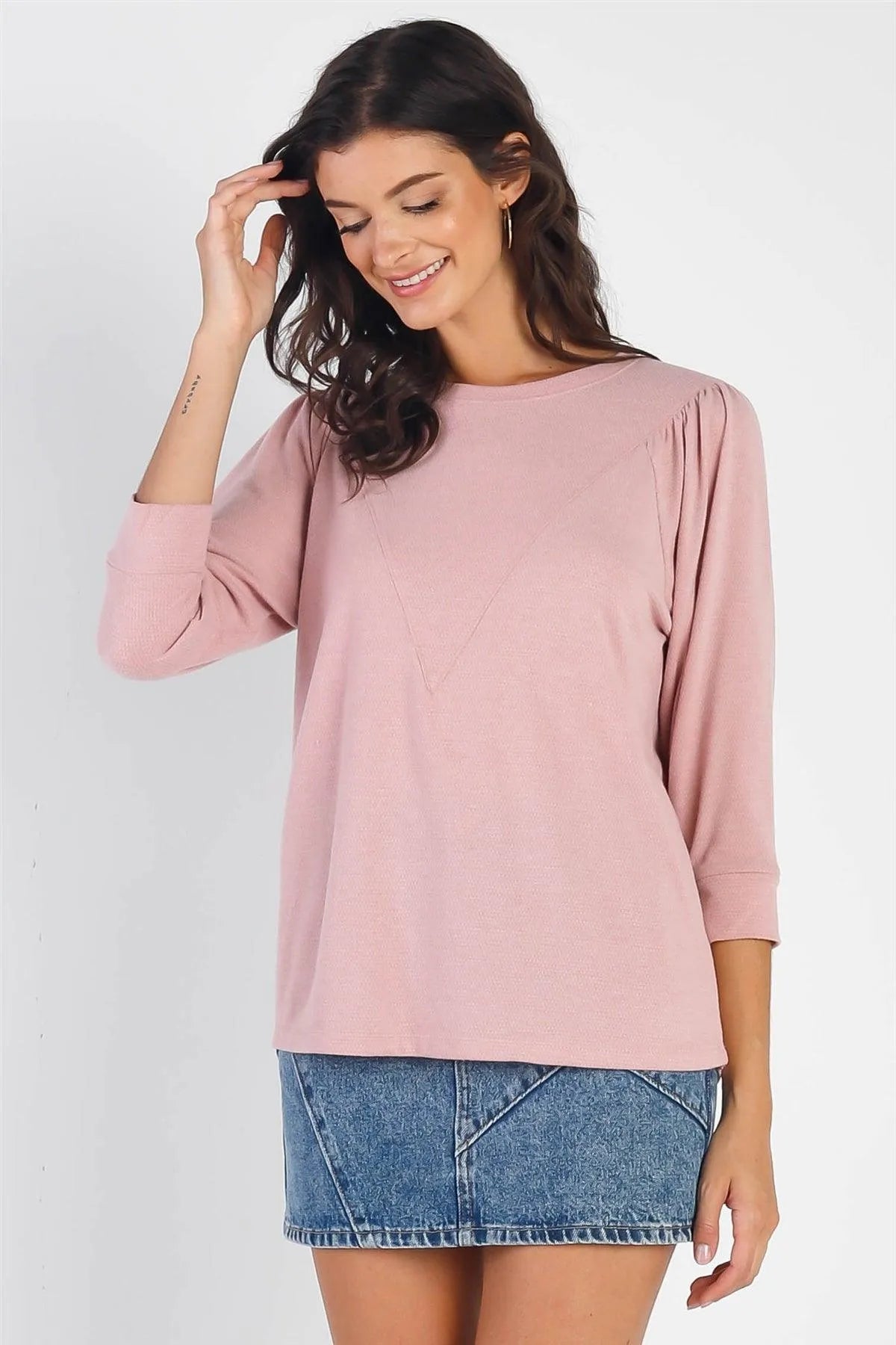 Pink Textured Crew Neck Midi Sleeve Knit Top - Tasha Apparel Wholesale