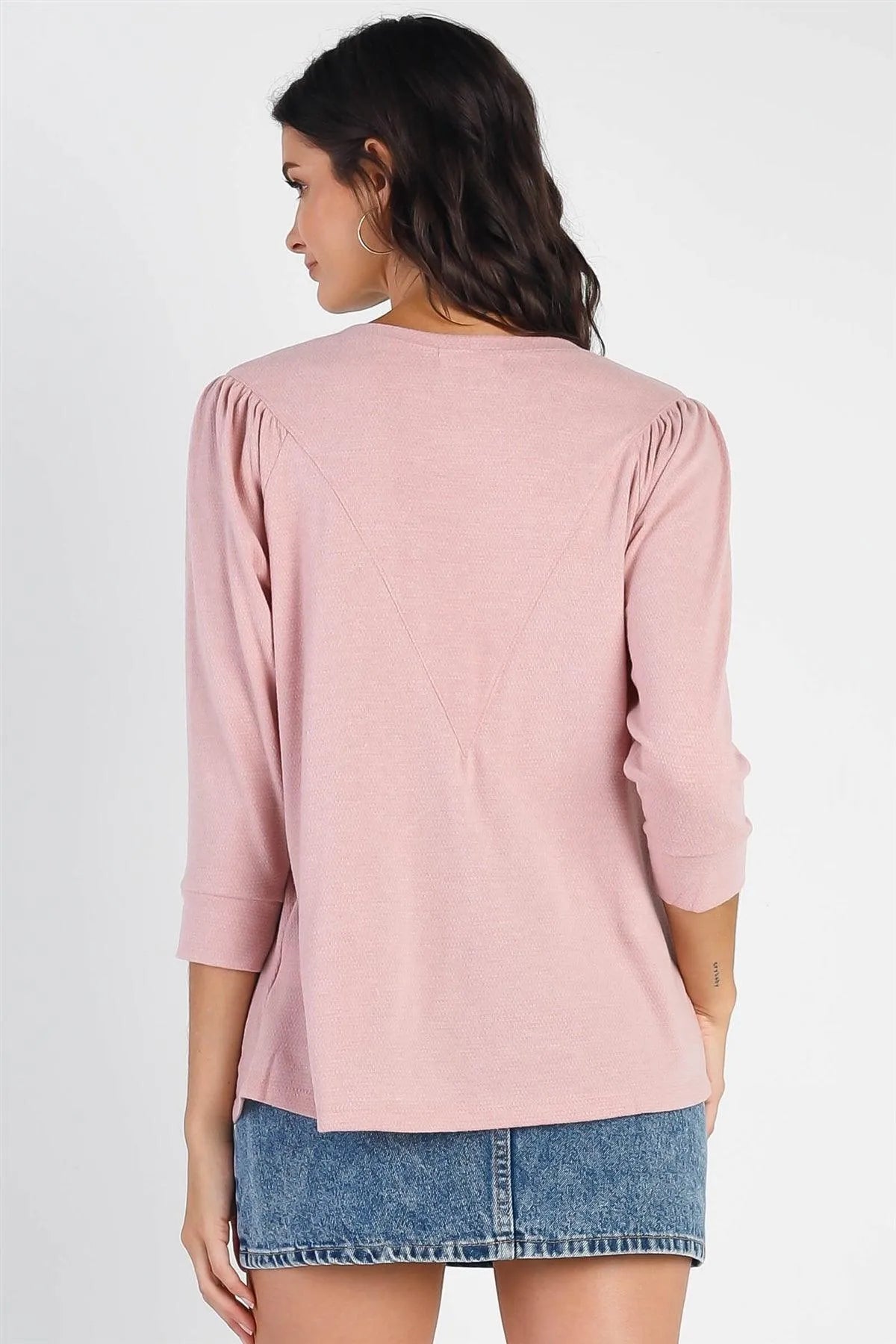 Pink Textured Crew Neck Midi Sleeve Knit Top - Tasha Apparel Wholesale