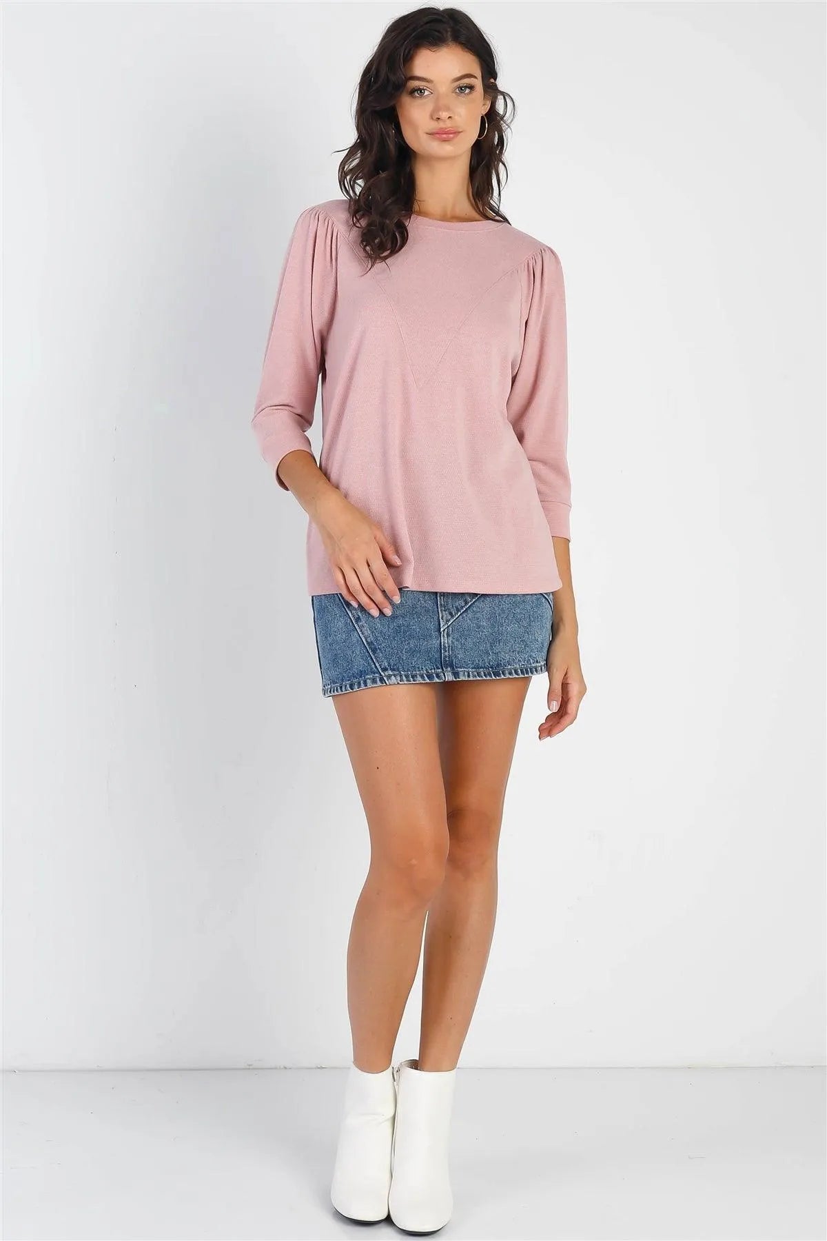 Pink Textured Crew Neck Midi Sleeve Knit Top - Tasha Apparel Wholesale