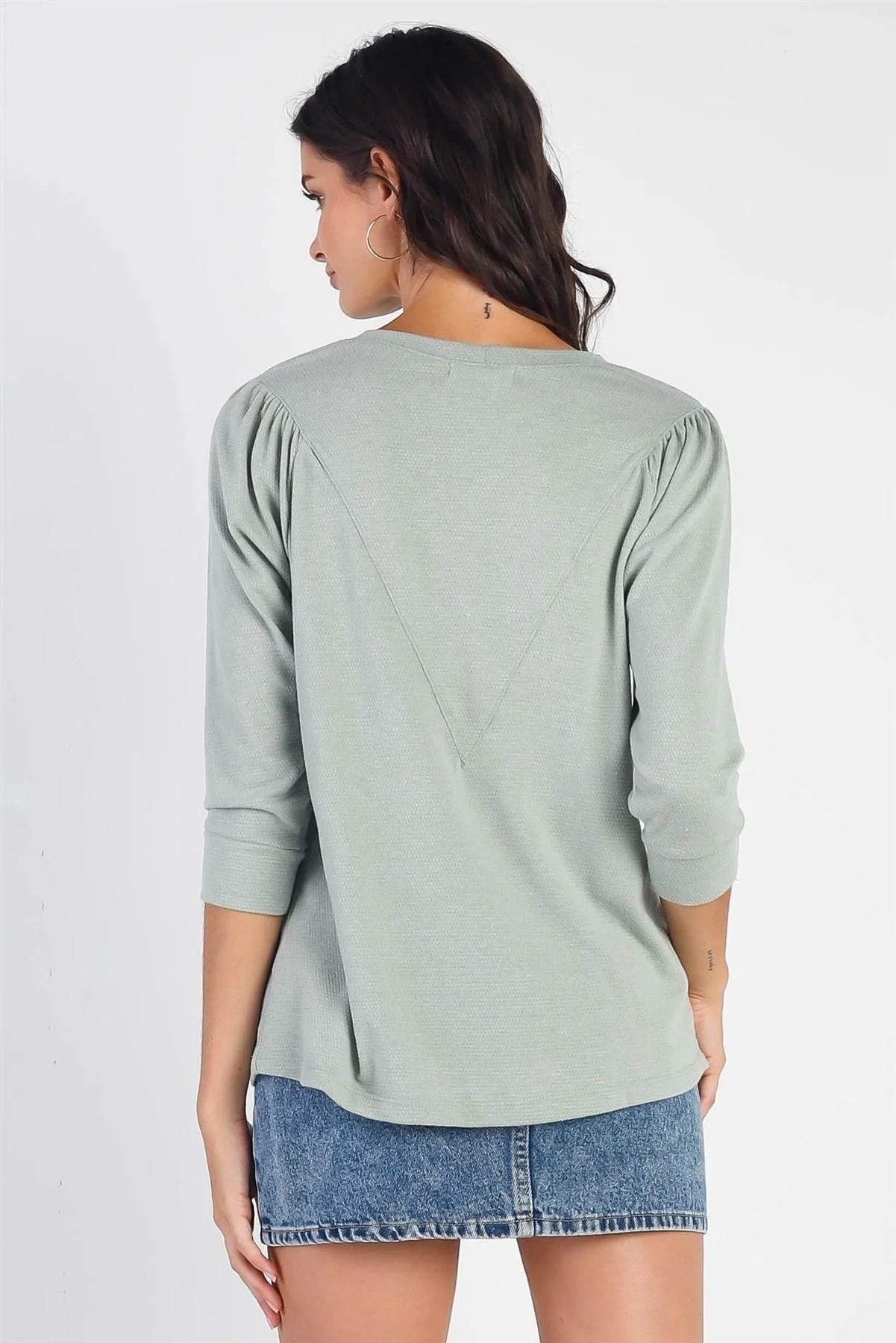 Sage Textured Crew Neck Midi Sleeve Knit Top - Tasha Apparel Wholesale