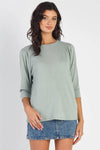 Sage Textured Crew Neck Midi Sleeve Knit Top - Tasha Apparel Wholesale