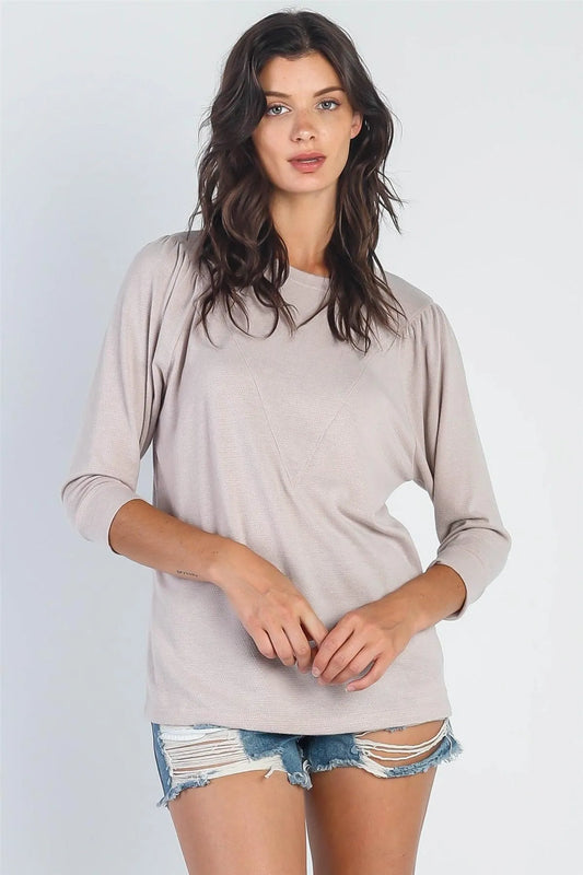 Taupe Textured Crew Neck Midi Sleeve Sweater - Tasha Apparel Wholesale