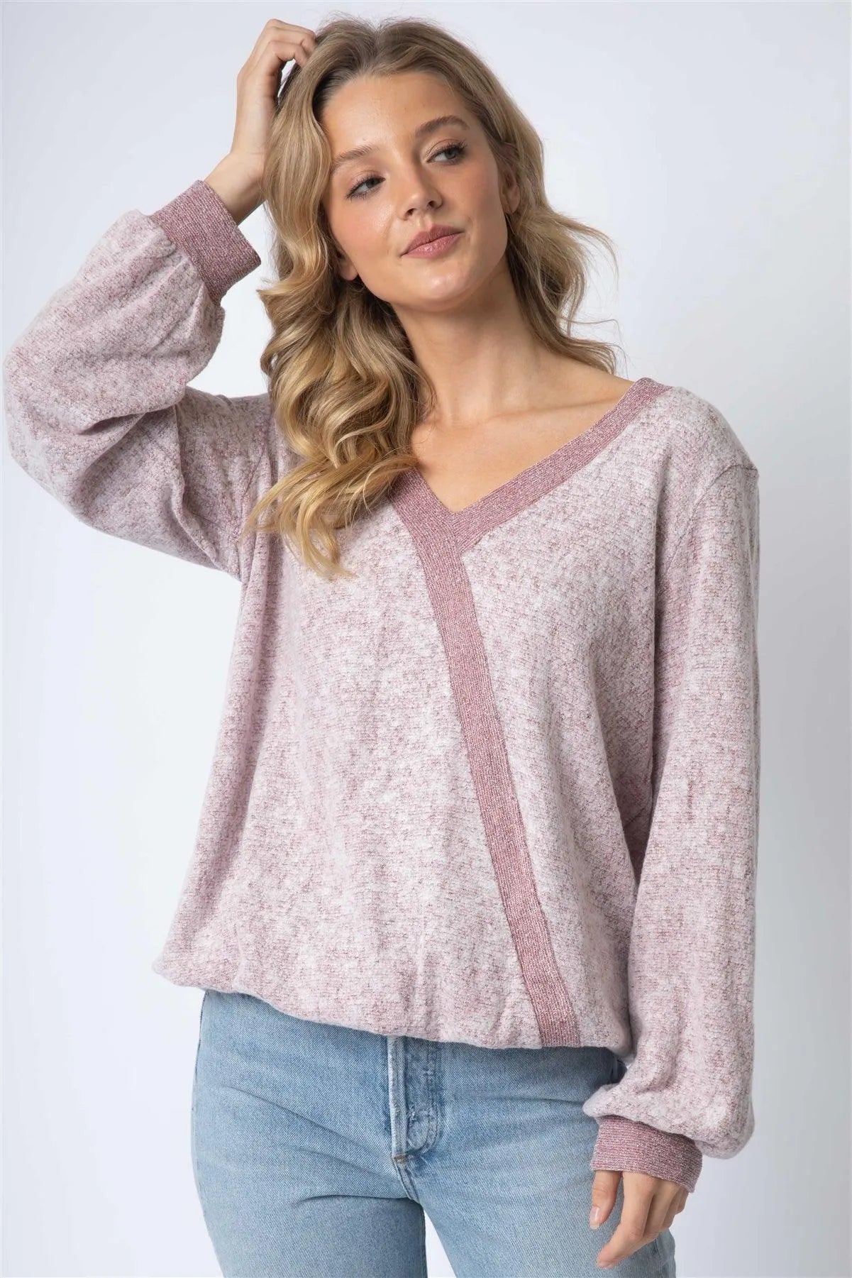 Burgundy Contrast V-Neck Long Sleeve Elasticized Hem Top /1-1-1 - Tasha Apparel Wholesale
