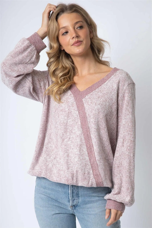 Burgundy Contrast V-Neck Long Sleeve Elasticized Hem Top /1-1-1 - Tasha Apparel Wholesale