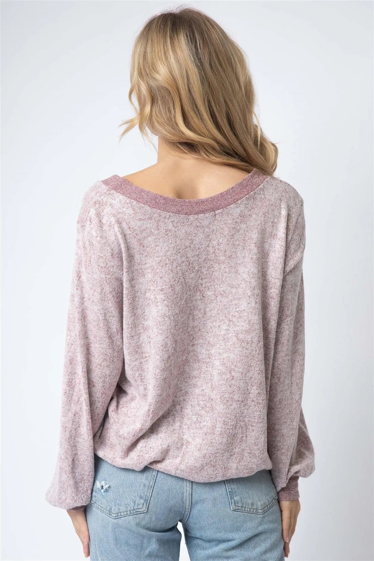 Burgundy Contrast V-Neck Long Sleeve Elasticized Hem Top /1-1-1 - Tasha Apparel Wholesale