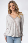 Contrast V-Neck Long Sleeve Elasticized Hem Top - Tasha Apparel Wholesale
