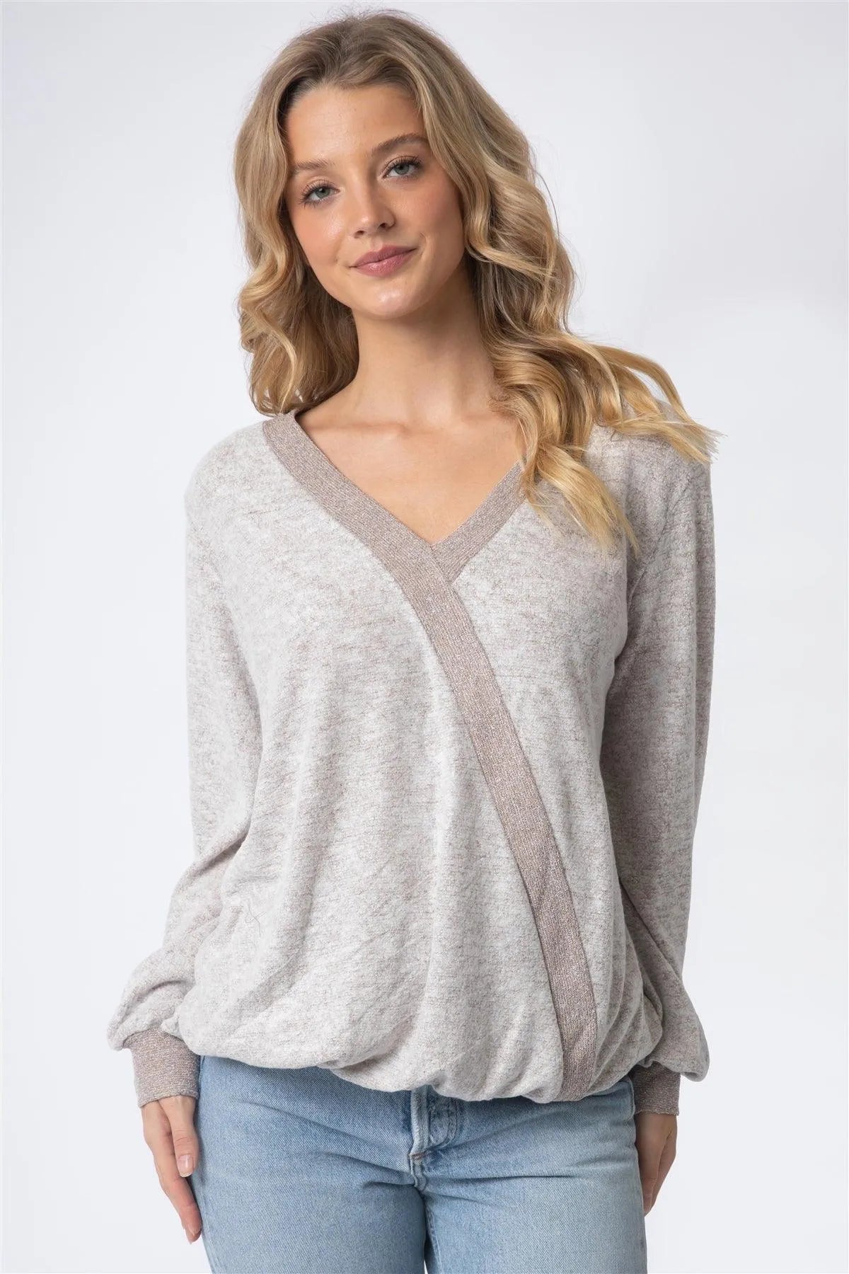 Contrast V-Neck Long Sleeve Elasticized Hem Top - Tasha Apparel Wholesale