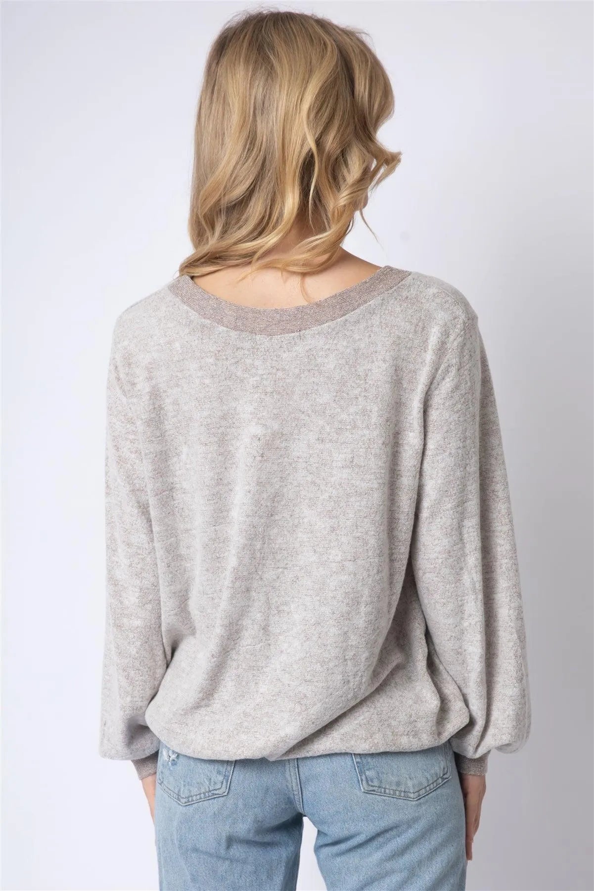 Contrast V-Neck Long Sleeve Elasticized Hem Top - Tasha Apparel Wholesale