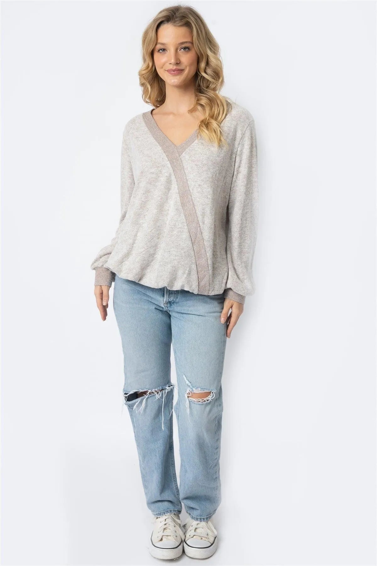 Contrast V-Neck Long Sleeve Elasticized Hem Top - Tasha Apparel Wholesale