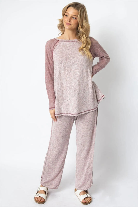 Burgundy Textured Raglan Long Sleeve Top & Wide Leg Pant Set /1-1-1 - Tasha Apparel Wholesale