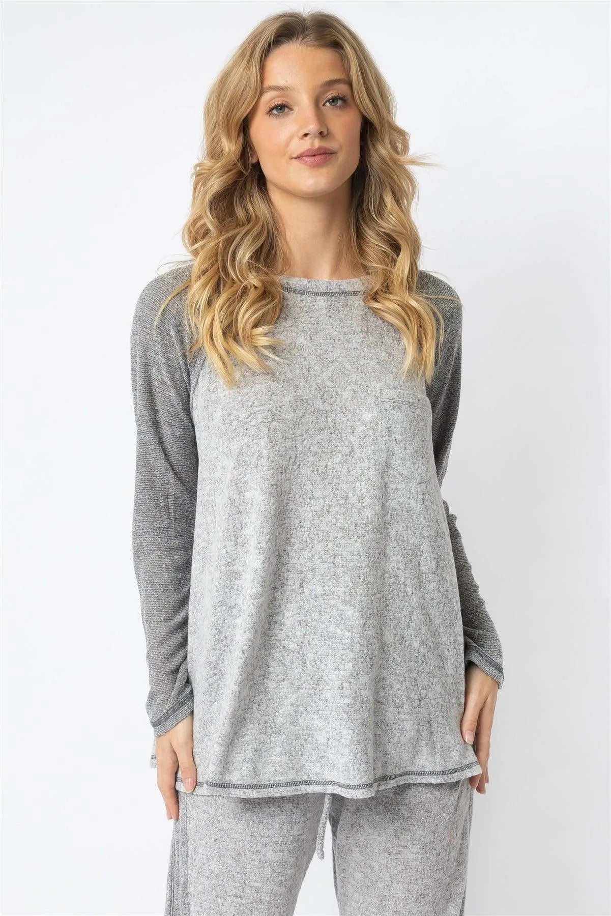 Heather Grey Textured Raglan Long Sleeve Top - Tasha Apparel Wholesale