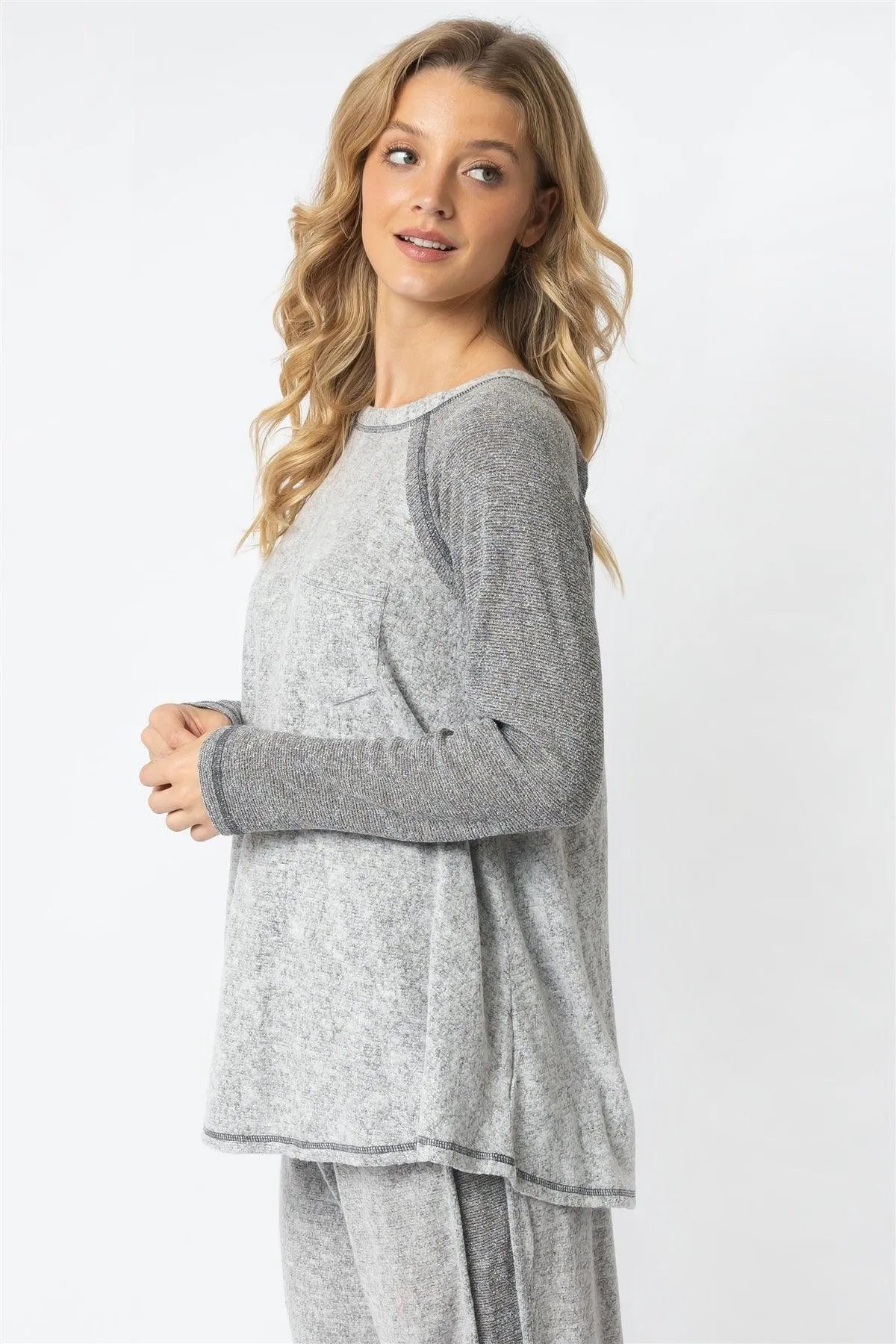 Heather Grey Textured Raglan Long Sleeve Top - Tasha Apparel Wholesale