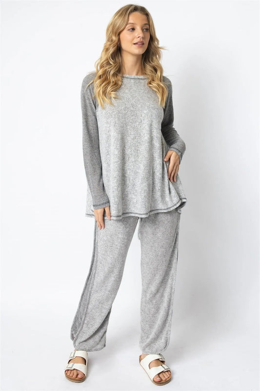 Heather Grey Textured Raglan Long Sleeve Top & Wide Leg Pant Set /1-1-1 - Tasha Apparel Wholesale