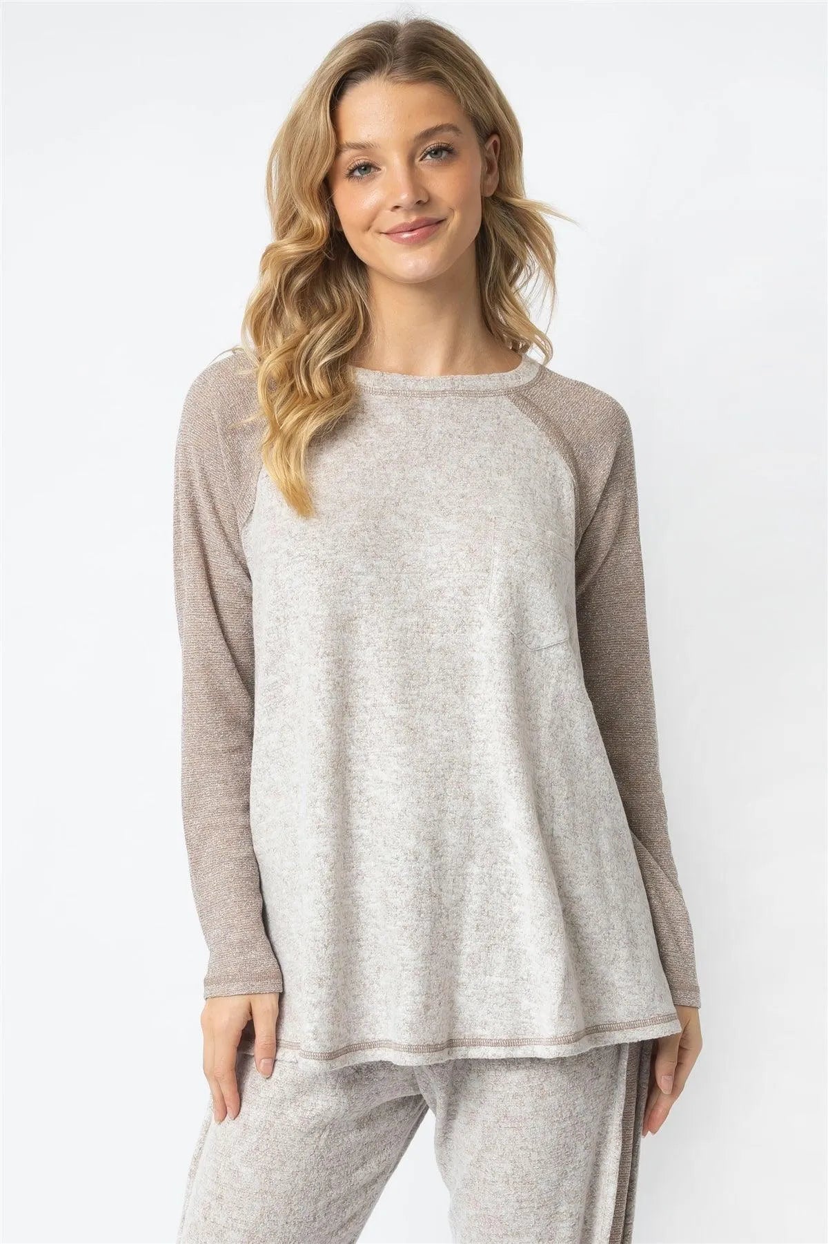 Taupe Textured Raglan Long Sleeve Top - Tasha Apparel Wholesale
