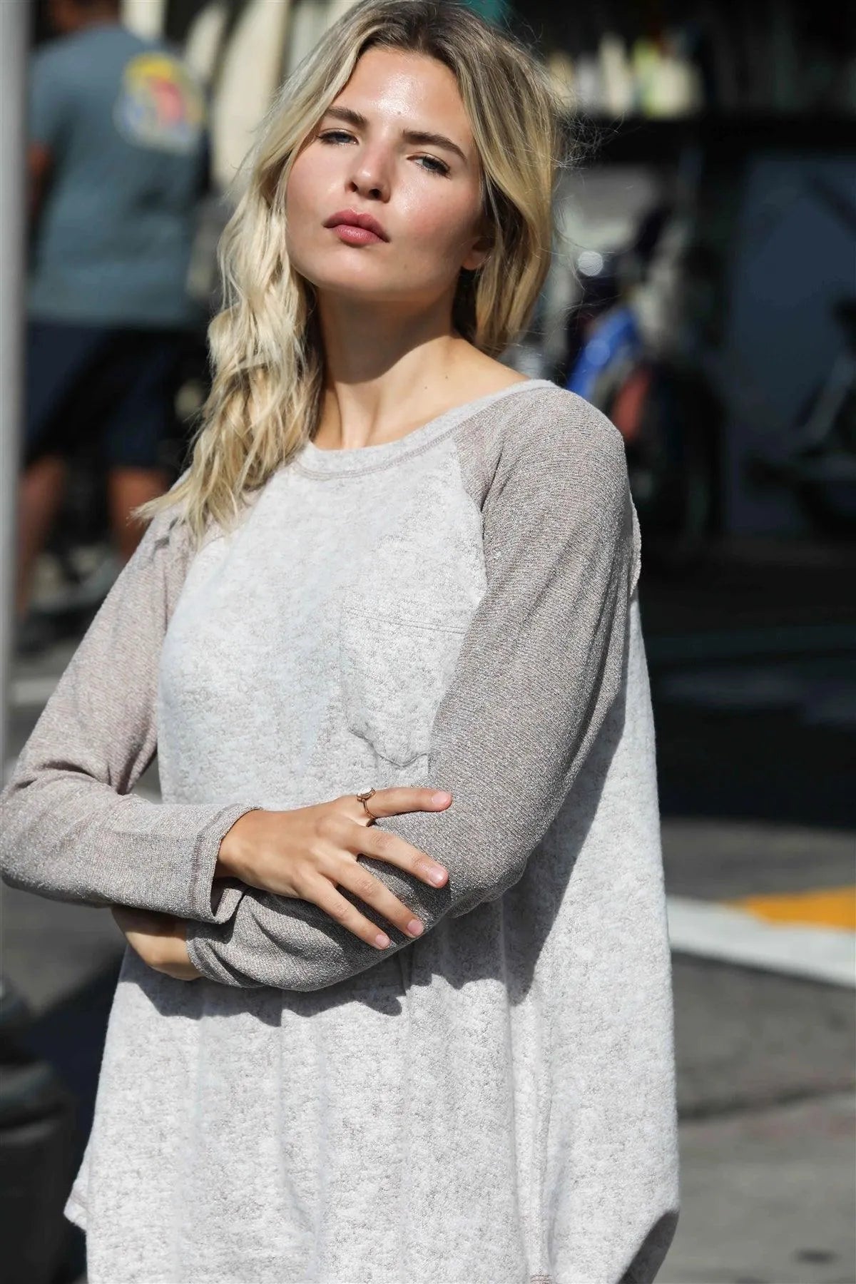 Taupe Textured Raglan Long Sleeve Top - Tasha Apparel Wholesale