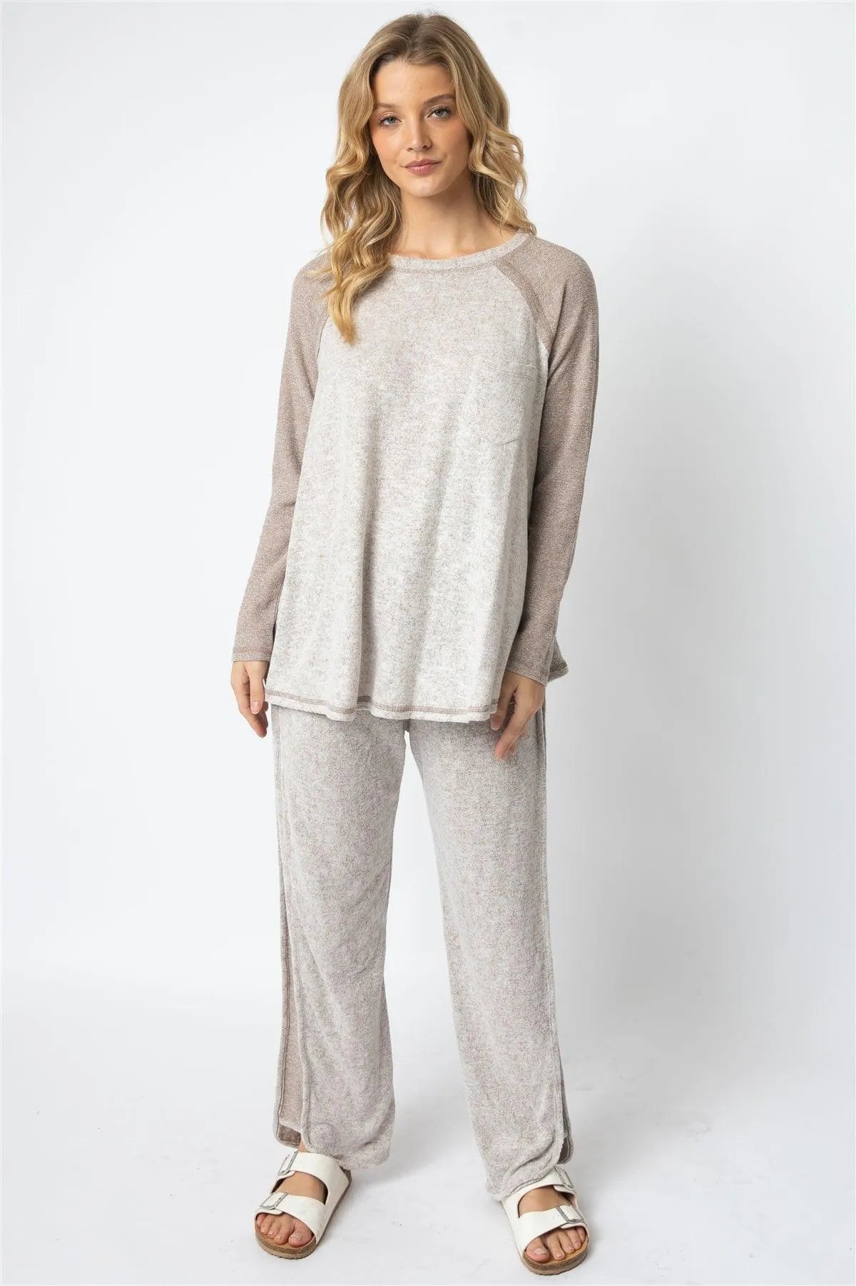 Taupe Textured Raglan Long Sleeve Top & Wide Leg Pant Set /1-1-1 - Tasha Apparel Wholesale