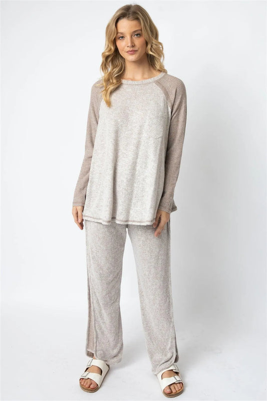 Taupe Textured Raglan Long Sleeve Top & Wide Leg Pant Set /1-1-1 - Tasha Apparel Wholesale