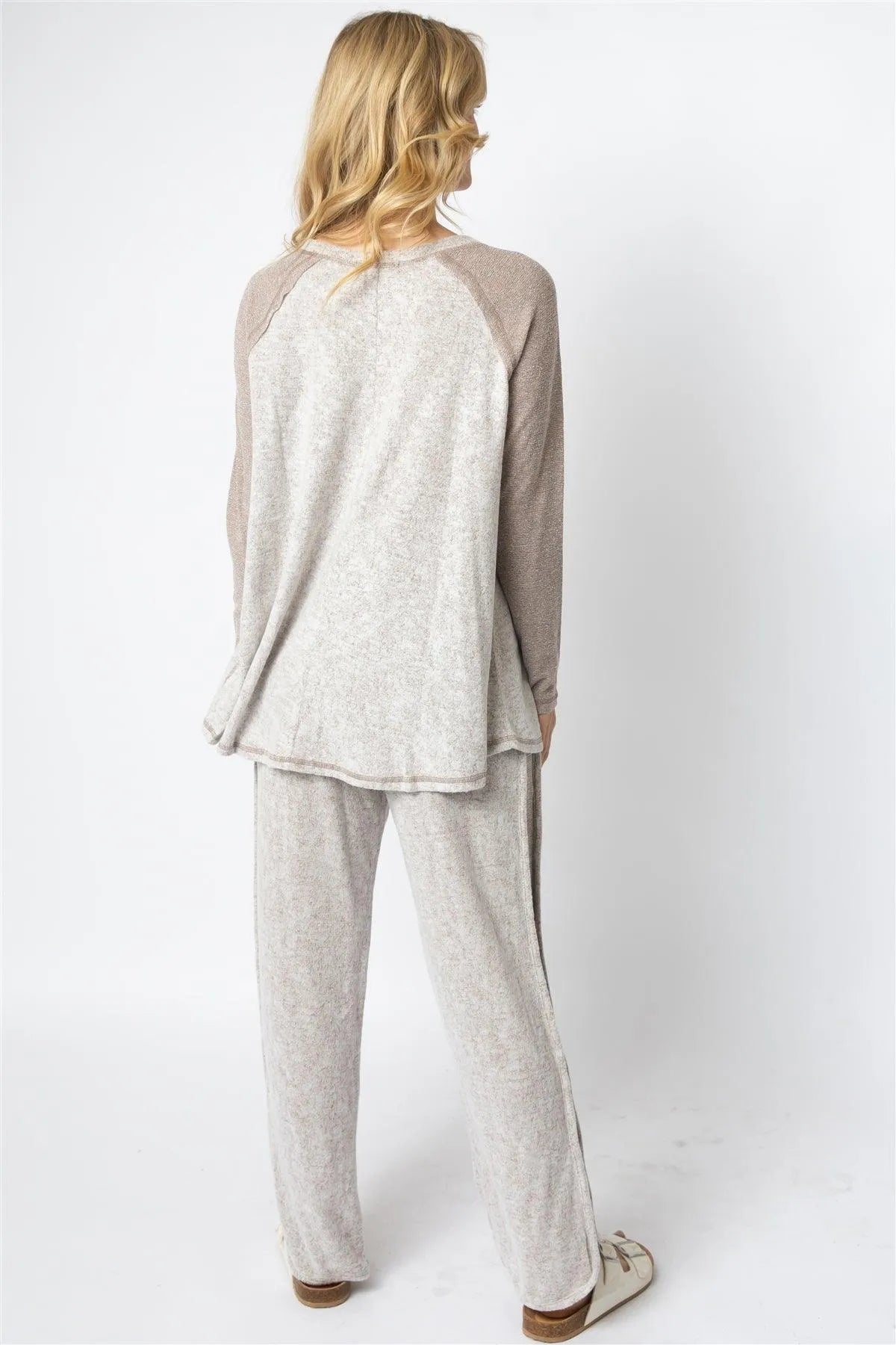 Taupe Textured Raglan Long Sleeve Top & Wide Leg Pant Set /1-1-1 - Tasha Apparel Wholesale