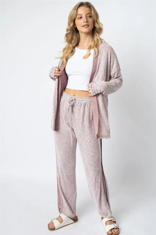 Burgundy Textured Side Detail Long Sleeve Cardigan & Wide Leg Pant Set /1-1-1 - Tasha Apparel Wholesale