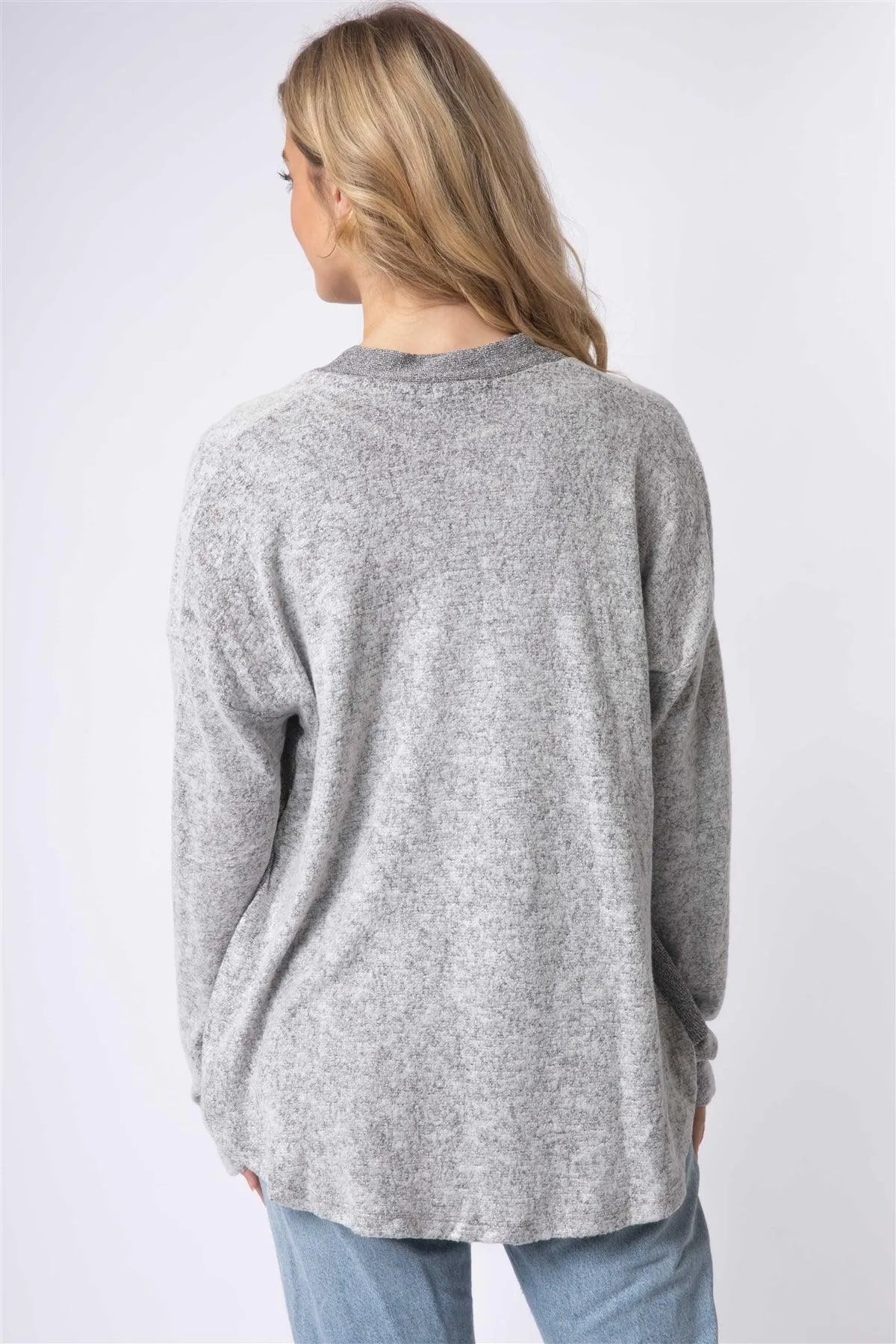Heather Grey Textured Side Detail Long Sleeve Cardigan /1-1-1 - Tasha Apparel Wholesale
