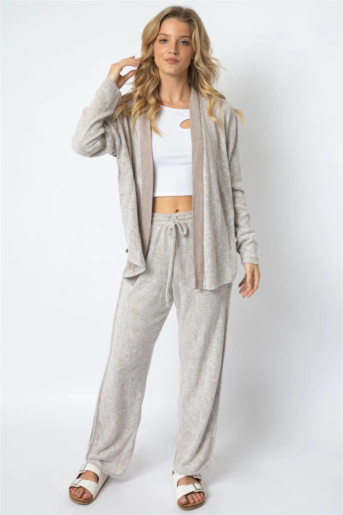 Taupe Textured Side Detail Long Sleeve Cardigan & Wide Leg Pant Set /1-1-1 - Tasha Apparel Wholesale